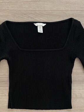 H&M Black Ribbed Square Neck Long Sleeve Top